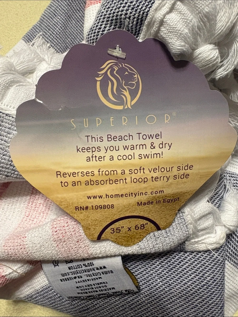 Striped Cotton Beach Towel — White, Gray & Pink